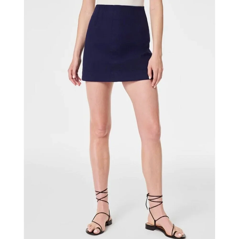 Spanx Stretch Twill Mini Skirt Lapis Blue High-Rise Waist Denim A-Line Stretchy